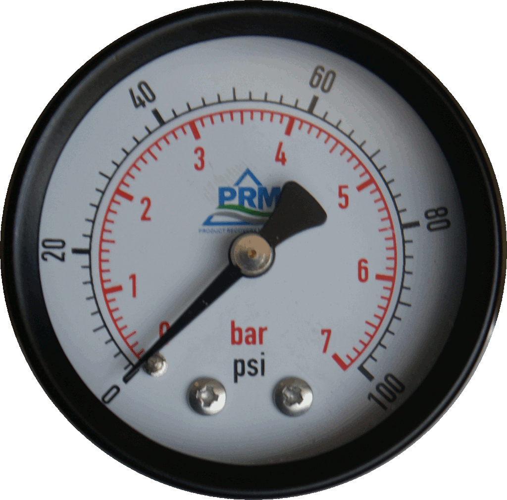 PRM Steel Case Pressure Gauge with Brass Internals, 0-100 PSI, 2 Inch Dial, 1/4 Inch NPT Back Mount