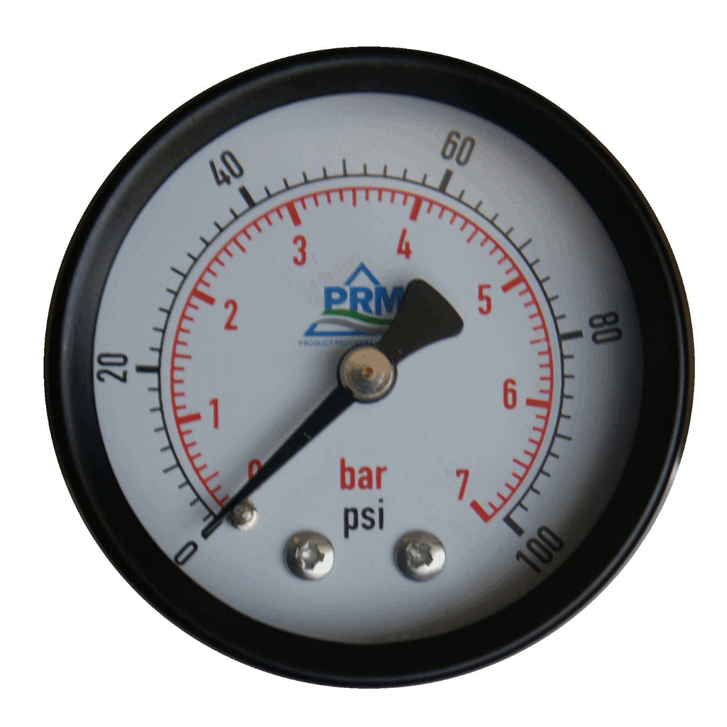 PRM Steel Case Pressure Gauge with Brass Internals, 0-100 PSI, 2 Inch Dial, 1/4 Inch NPT Back Mount