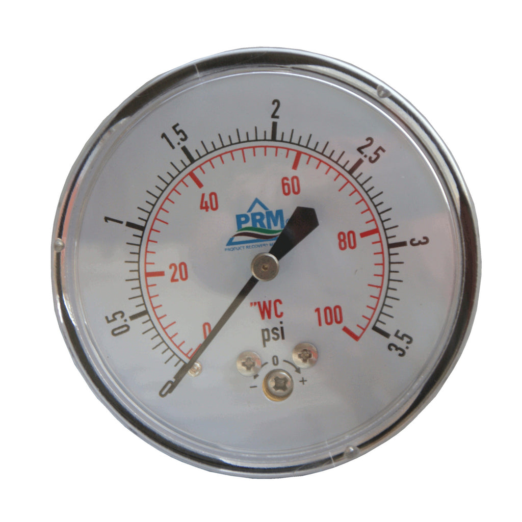 PRM Chrome Case Pressure Gauge with Brass Internals, 0-100"WC, 2-1/2 Inch Dial, 1/4 Inch NPT Back Mount