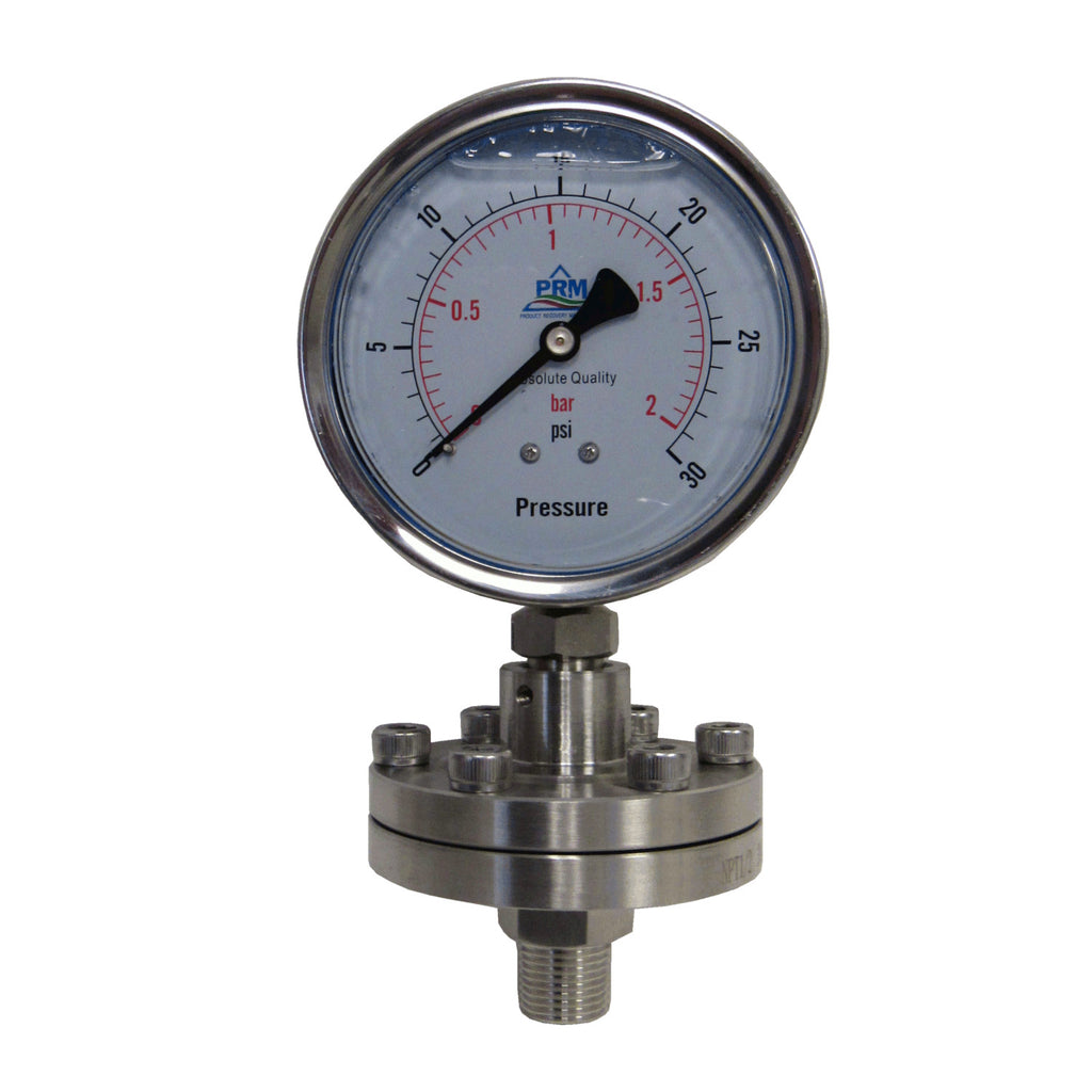 PRM 304 Stainless Steel Pressure Gauge with Stainless Steel Internals and Diaphragm Protector, 0-30 PSI, 4 Inch Dial, 1/2 Inch NPT Bottom Mount