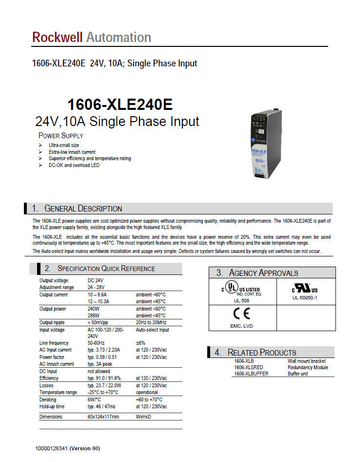 Allen-Bradley 1606-XLE240E Electrical Power Supply, 240 Watt, 24VDC, Max. Output 10A