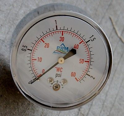 PRM Chrome Case Pressure Gauge with Brass Internals, 0-60"WC, 2-1/2 Inch Dial, 1/4 Inch NPT Back Mount