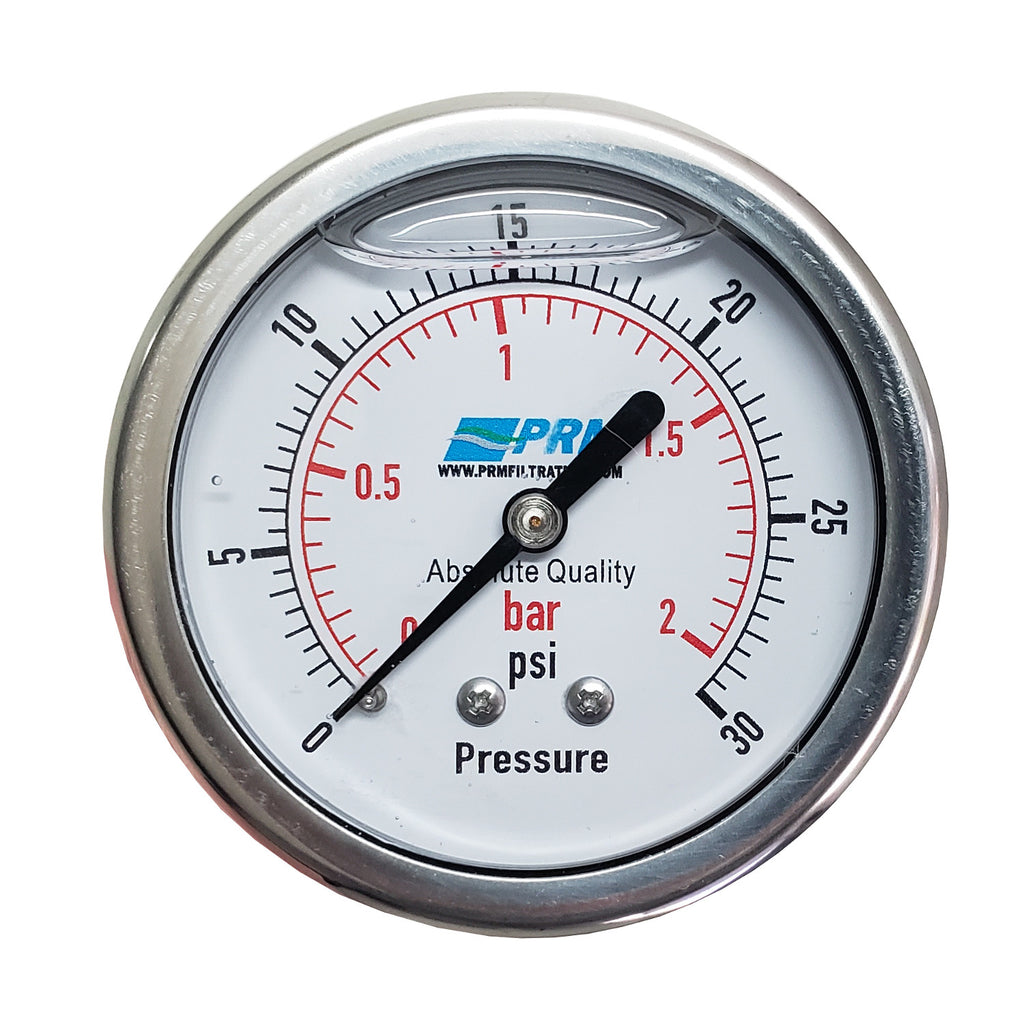 PRM 304 Stainless Steel Pressure Gauge with Brass Internals, 0-30 PSI, 2-1/2 Inch Dial, 1/4 Inch NPT Back Mount