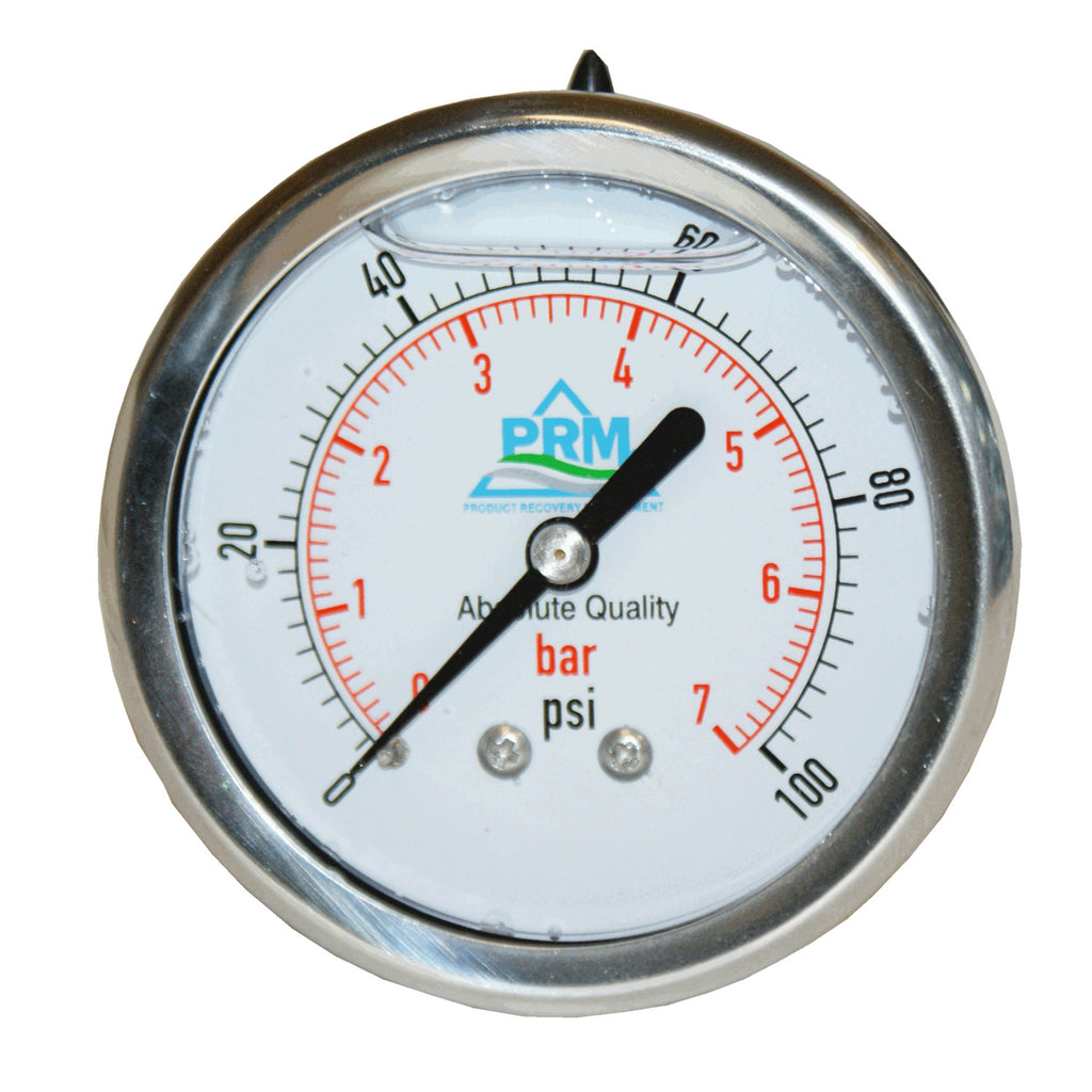 PRM 304 Stainless Steel Pressure Gauge with Brass Internals, 0-100 PSI, 2-1/2 Inch Dial, 1/4 Inch NPT Back Mount