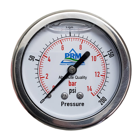 PRM 304 Stainless Steel Pressure Gauge with Brass Internals, 0-200 PSI, 2-1/2 Inch Dial, 1/4 Inch NPT Back Mount