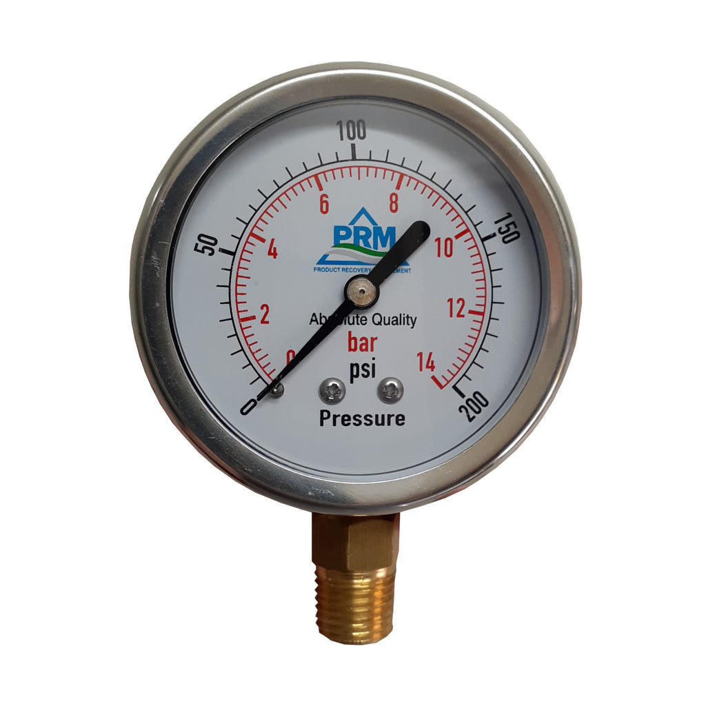 PRM 304 Stainless Steel Pressure Gauge with Brass Internals, 0-200 PSI, 2-1/2 Inch Dial, 1/4 Inch NPT Bottom Mount