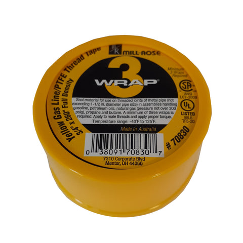 Mill-Rose 70830 3 Wrap 3/4" x 260" Yellow Gas PTFE Thread Seal Tape