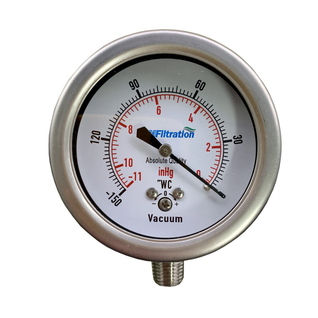 PRM Vacuum Gauge, 0 to -11 inHg / 0 to -150"WC, 2.5 Inch Stainless Steel Case and Internals 1/4 Inch NPT Bottom Mount, Dry Gauge