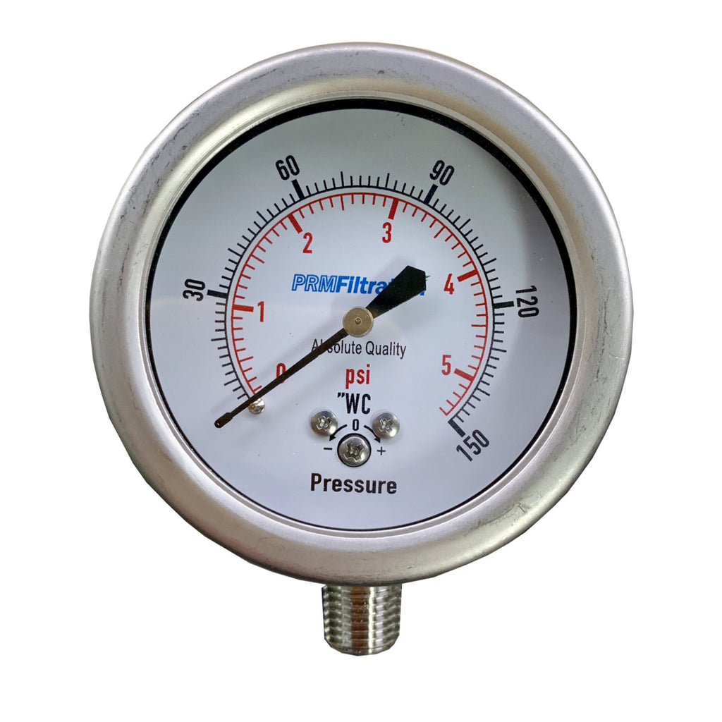 PRM 304 Stainless Steel Pressure Gauge with Stainless Steel Internals, 0-150"WC/0-5 PSI, 2-1/2 Inch Dial, Dry Gauge, 1/4 Inch NPT Bottom Mount