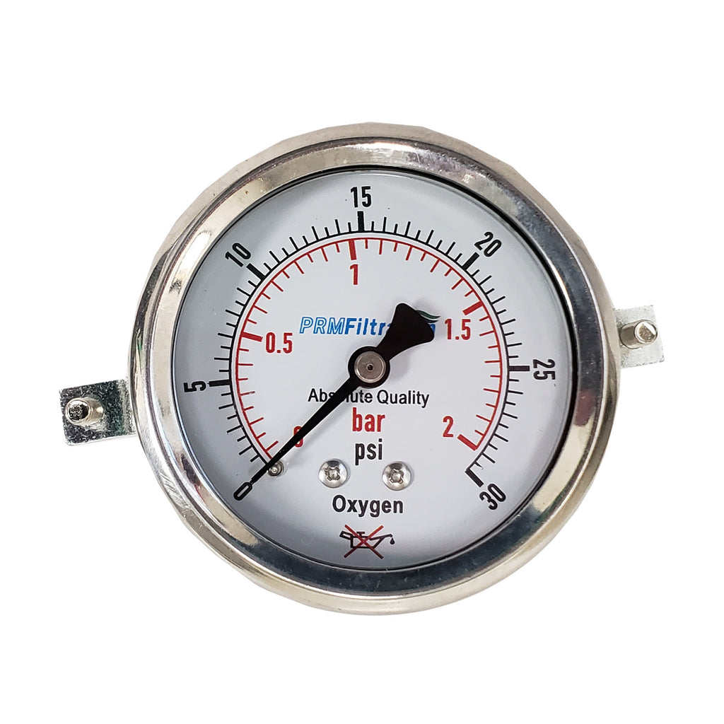PRM 304 Stainless Steel Pressure Gauge with Stainless Steel Internals, 0-30 PSI/0-2 BAR, 2-1/2 Inch Dial, Dry Gauge for Oxygen Use, Includes Mounting Hardware