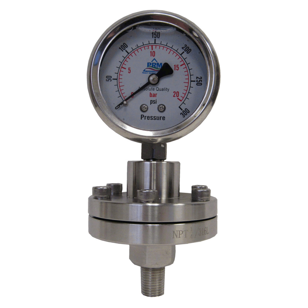 PRM 304 Stainless Steel Pressure Gauge with Stainless Steel Internals and Diaphragm Protector, 0-300 PSI, 2-1/2 Inch Dial, 1/4 Inch NPT Bottom Mount