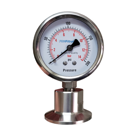 PRM 304 Stainless Steel Pressure Gauge with Stainless Steel Internals, 0-200 PSI/0-14 BAR, 2-1/2 Inch Dial, Bottom Sanitary Tri-Clamp Connection