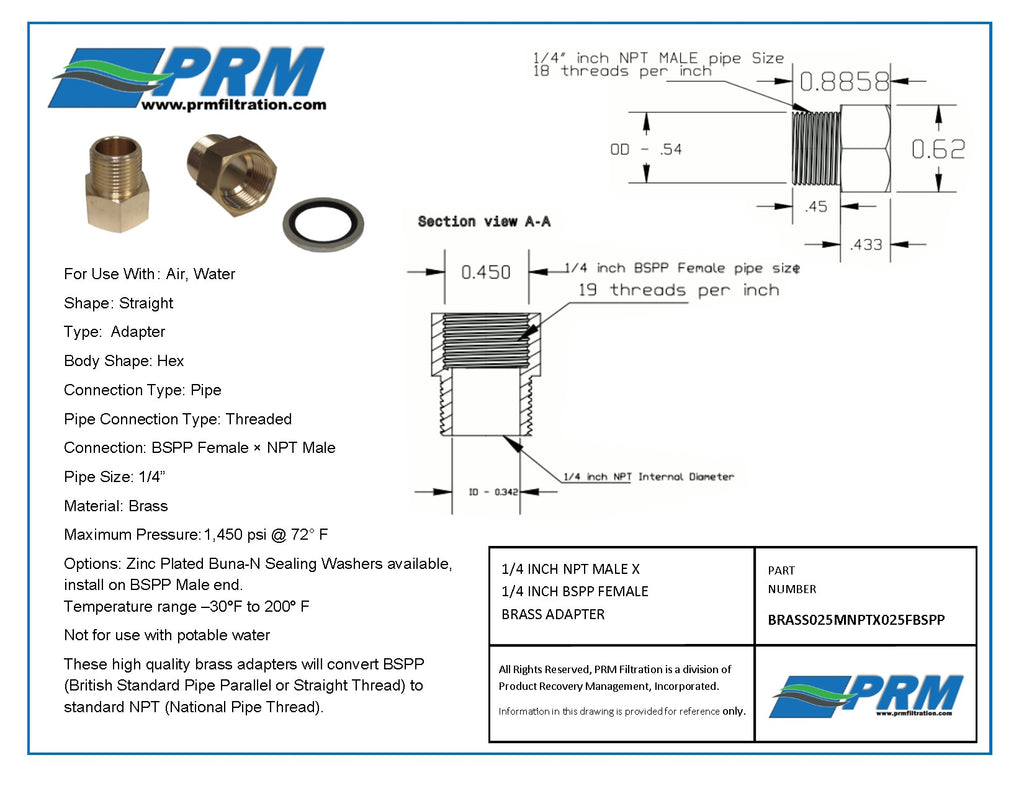 1/4 MNPT X 1/4 BSPP Female Brass Adapter + Sealing Washer