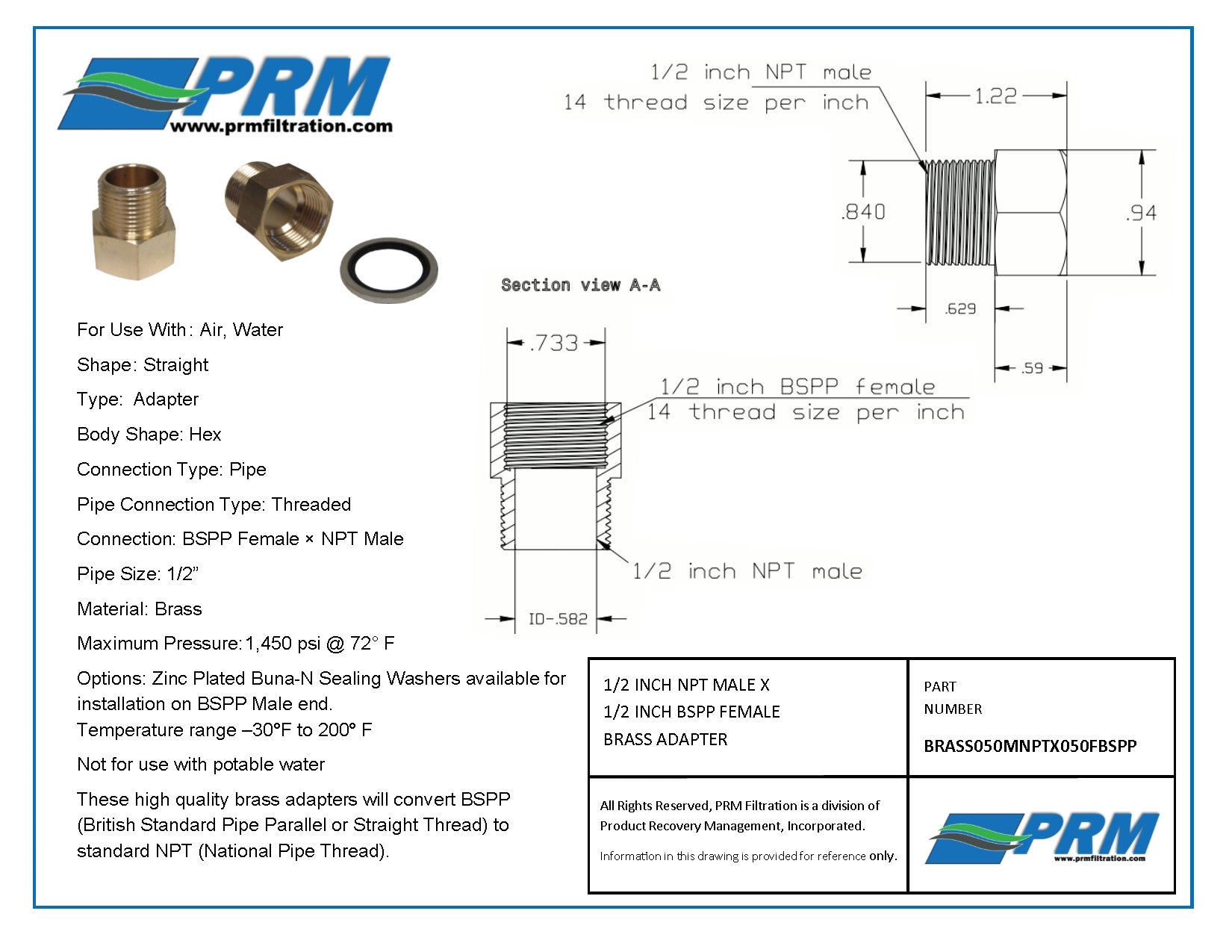 Brass Adapter - 1/2 Inch NPT Male X 1/2 Inch BSPP Female with Sealing Washer