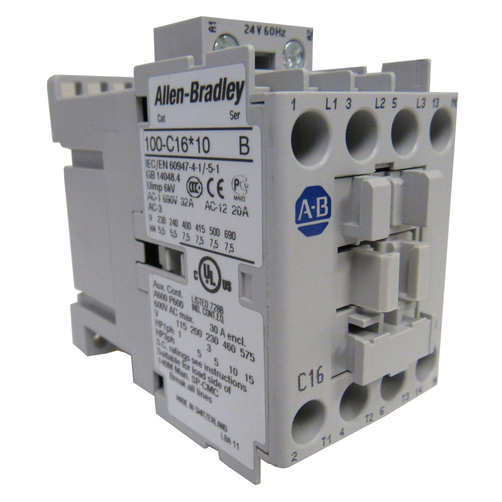 Allen-Bradley 100-C16EJ10 IEC Standard Contactor, 16 Amp, 24VDC Coil