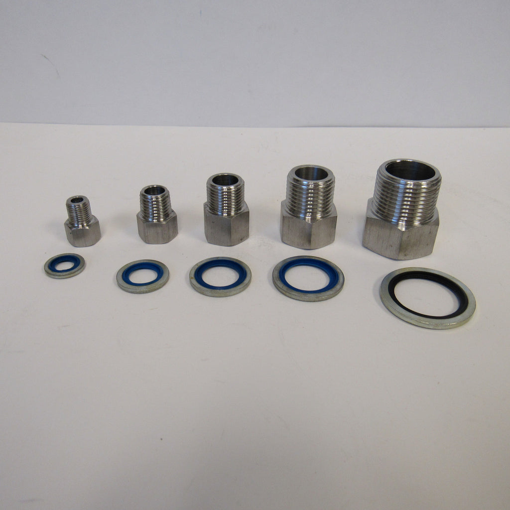 BSPP Adapters - Stainless Steel - 1/8 Inch Male NPT  x  1/8 Inch BSPP Female With Sealing Washer