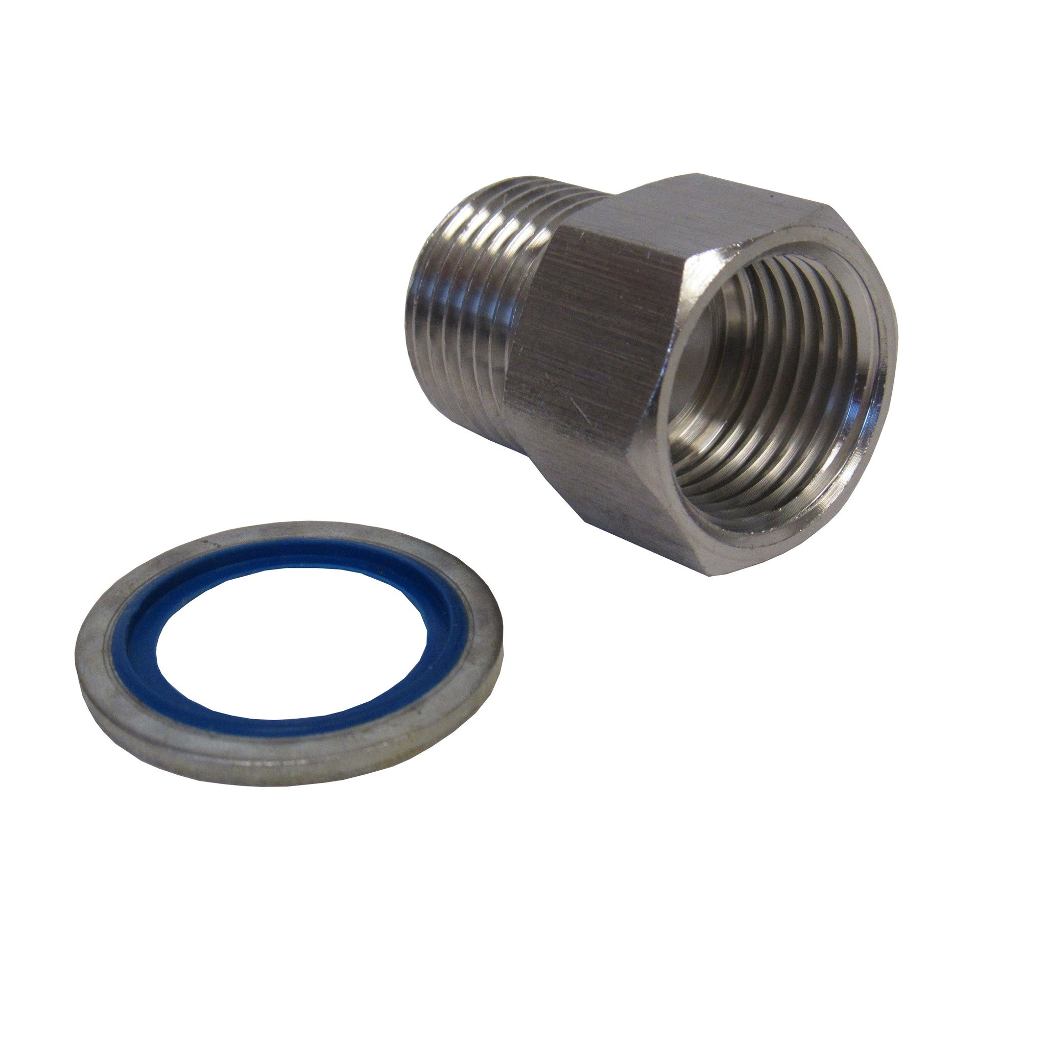 Stainless Steel Adapter, 3/8 Inch NPT Female X 3/8 Inch BSPP Male with Sealing Washer