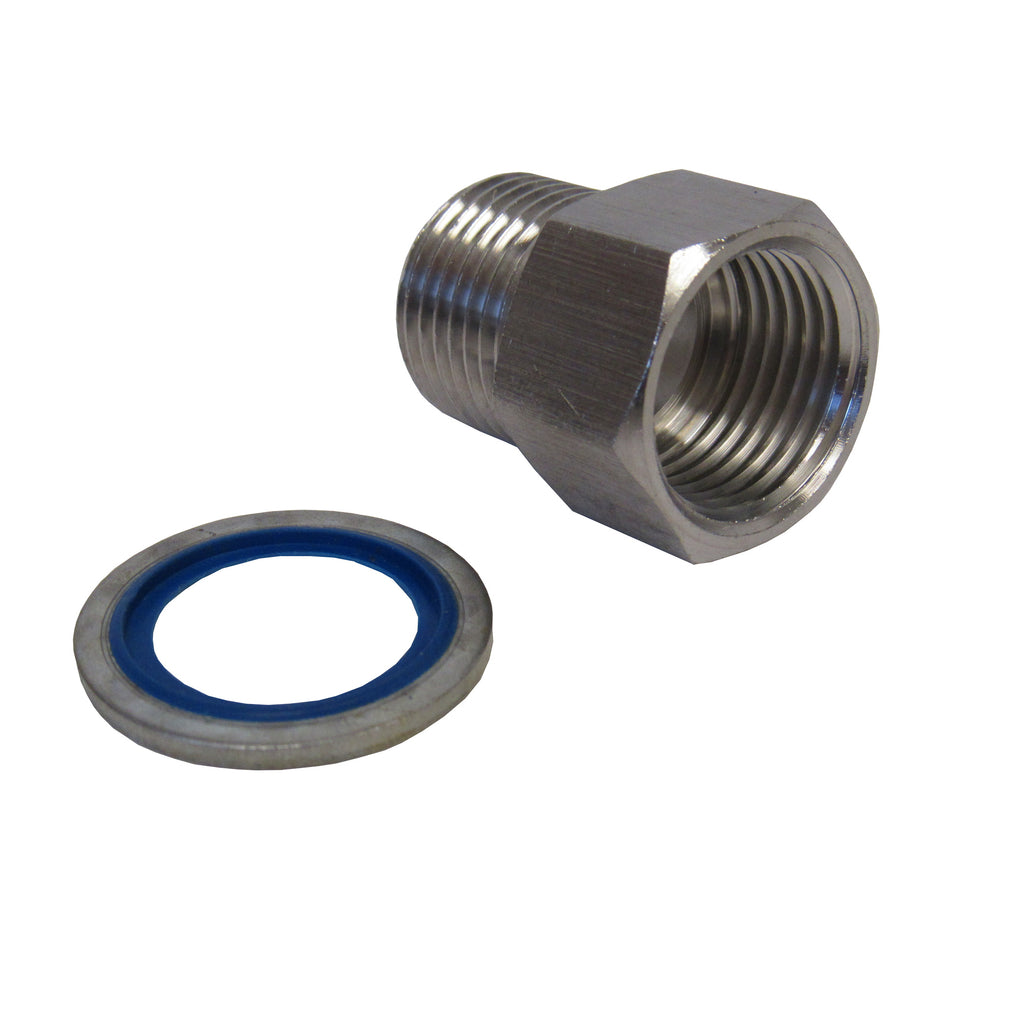 BSPP Adapters - Stainless Steel - 3/8 Inch Male NPT  x  3/8 Inch BSPP Female With Sealing Washer