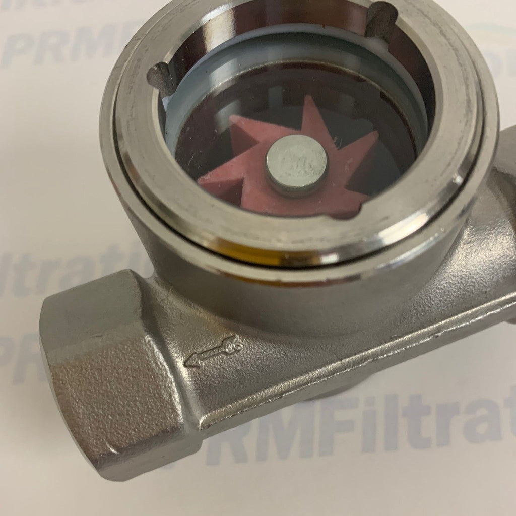 PRM Sight Flow Indicator, 1/2 Inch, 304 Stainless Steel, PTFE Seal and Impeller