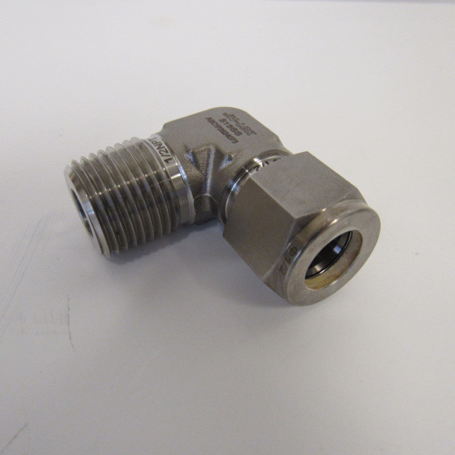 316 SS Compression Fitting, 1/2 Inch Tube X 1/2 Inch MNPT 90 Degree Elbow