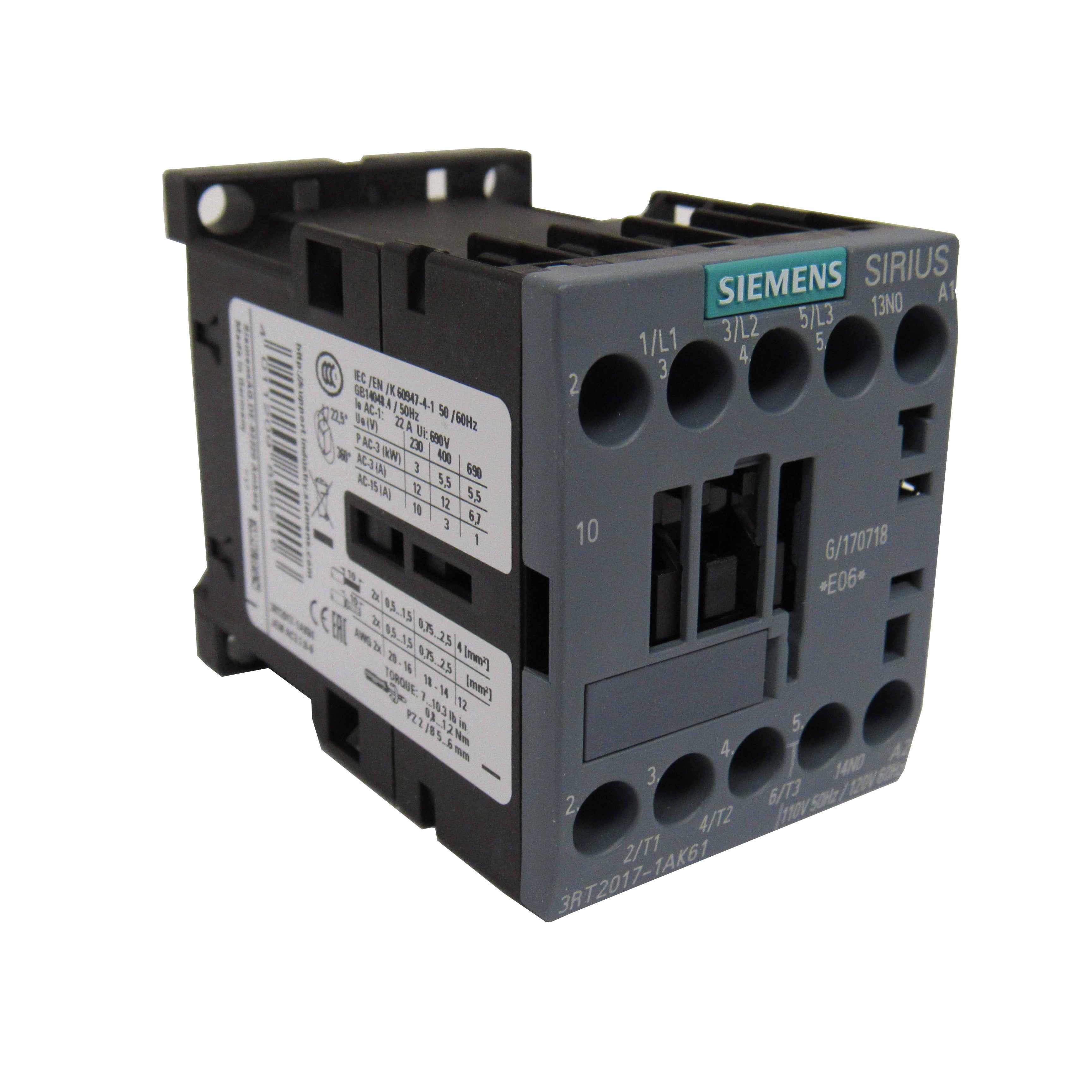 Siemens SIRIUS 3RT2017-1AK61 Contactor, 12 Amp, 3-Pole, 120VAC