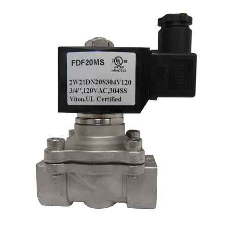 Solenoid Valve, 3/4 Inch NPT, 304 Stainless Steel, 120 VAC Coil, Viton Seal