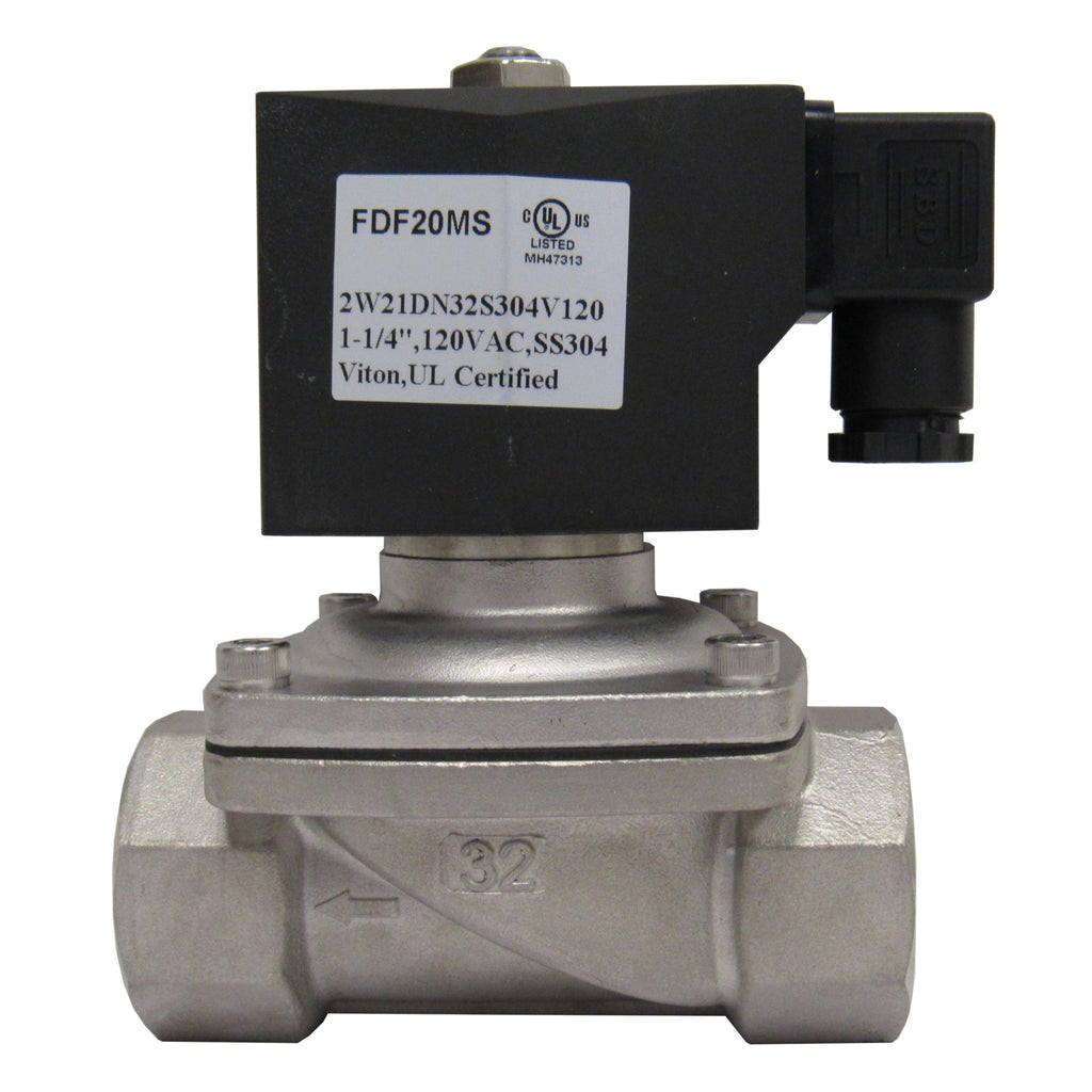 Solenoid Valve, 1-1/4 Inch NPT, 304 Stainless Steel, 120 VAC Coil, Viton Seal