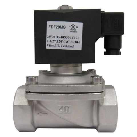 Solenoid Valve, 1-1/2 Inch NPT, 304 Stainless Steel, 120 VAC Coil, Viton Seal