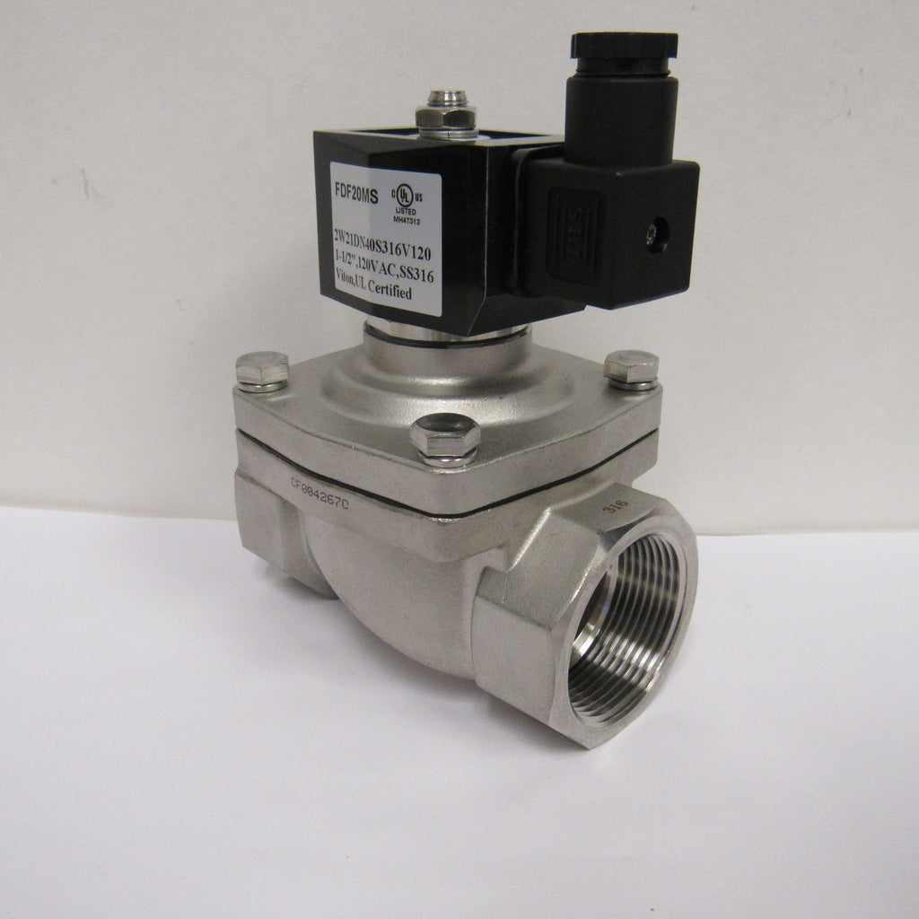Solenoid Valve, 1-1/2 Inch NPT, 316 Stainless Steel, 120 VAC Coil, Viton Seal