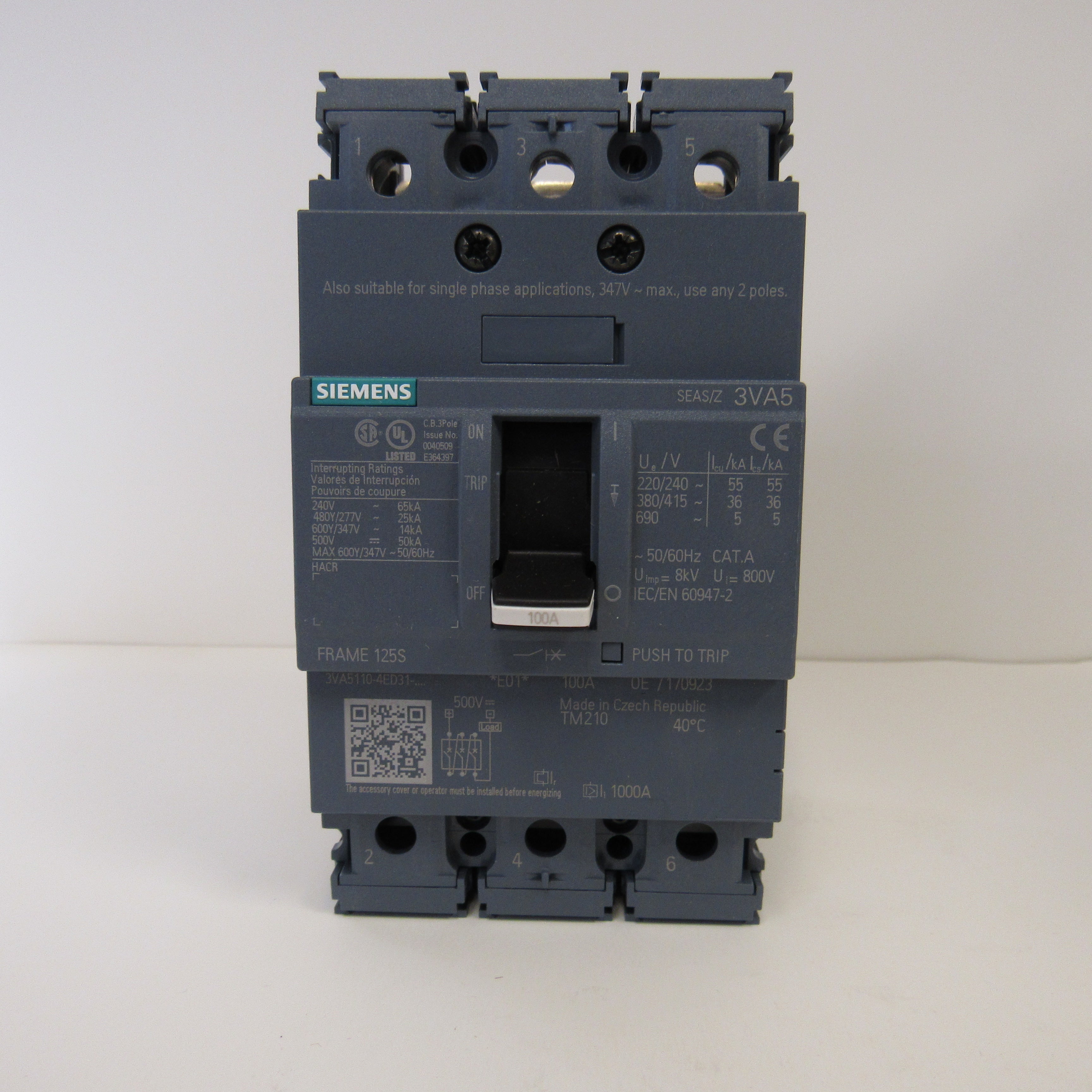 Siemens Molded Case Circuit Breaker, 3VA5190-4ED31-0AA0, 3 Pole, 480 V, 90 Amp