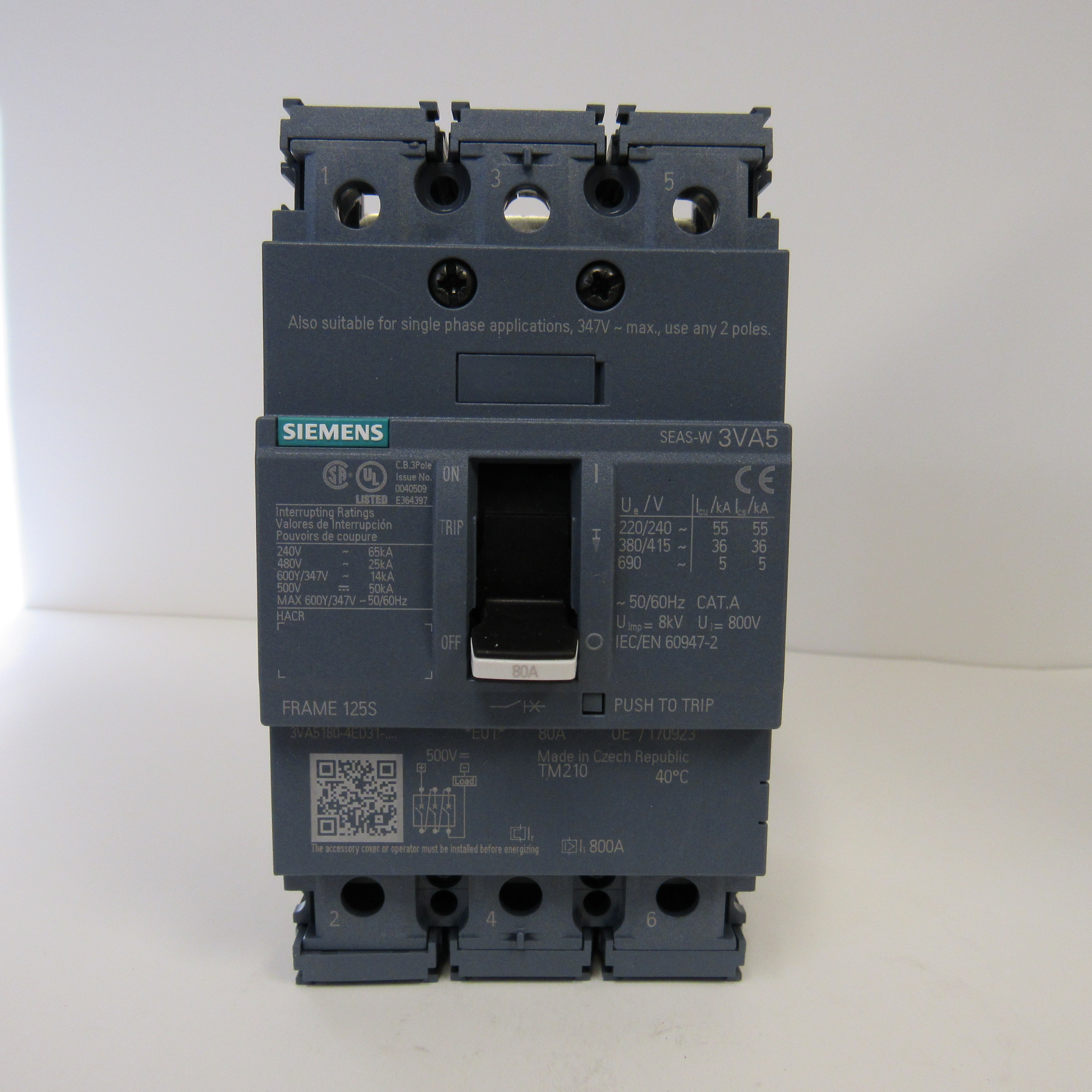 Siemens Molded Case Circuit Breaker, 3VA5190-4ED31-0AA0, 3 Pole, 480 V, 90 Amp