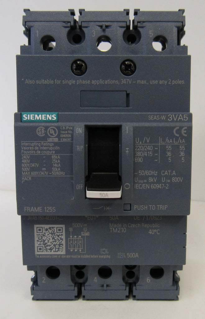 Siemens Molded Case Circuit Breaker, 3VA5190-4ED31-0AA0, 3 Pole, 480 V, 90 Amp