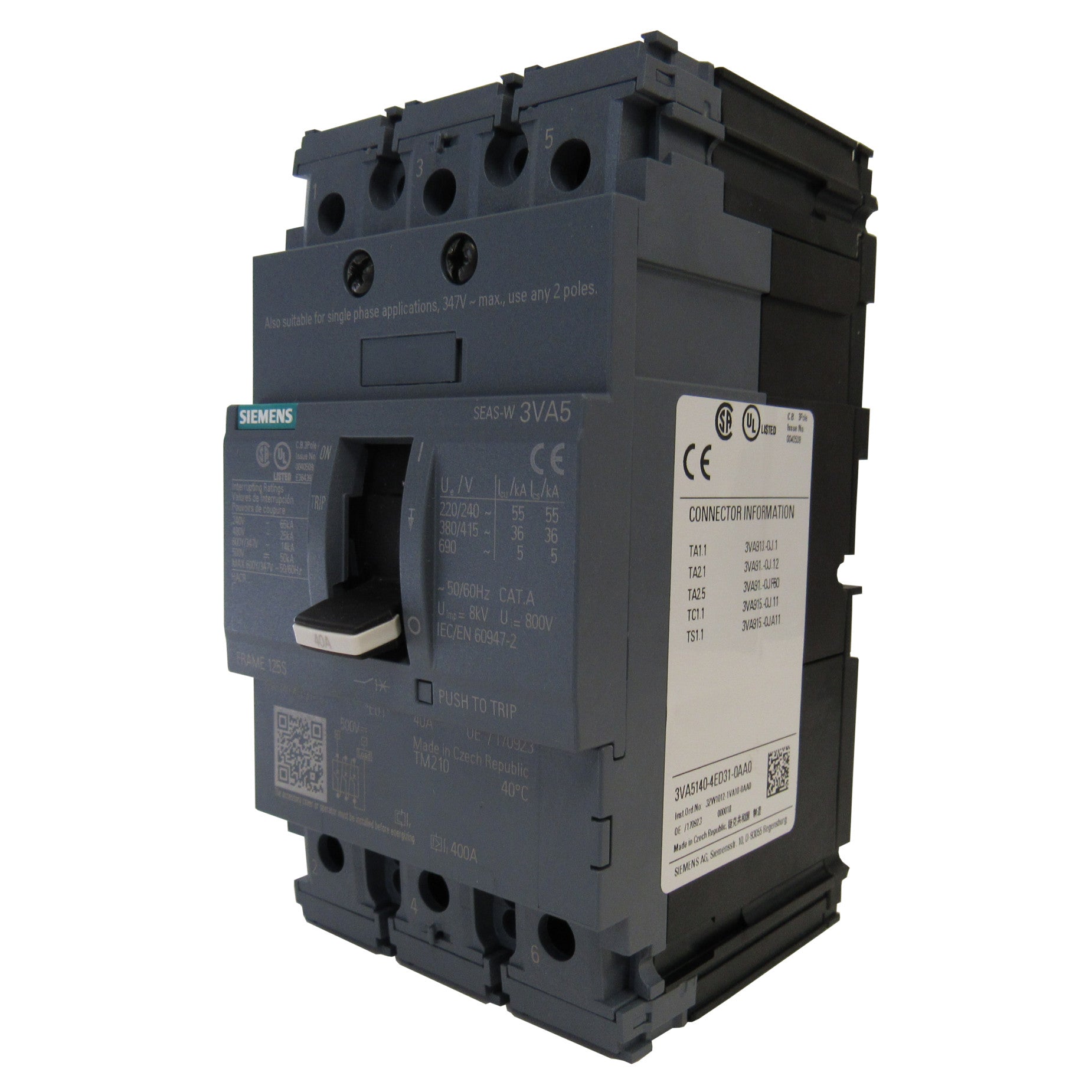 Siemens Molded Case Circuit Breaker, 3VA5190-4ED31-0AA0, 3 Pole, 480 V, 90 Amp