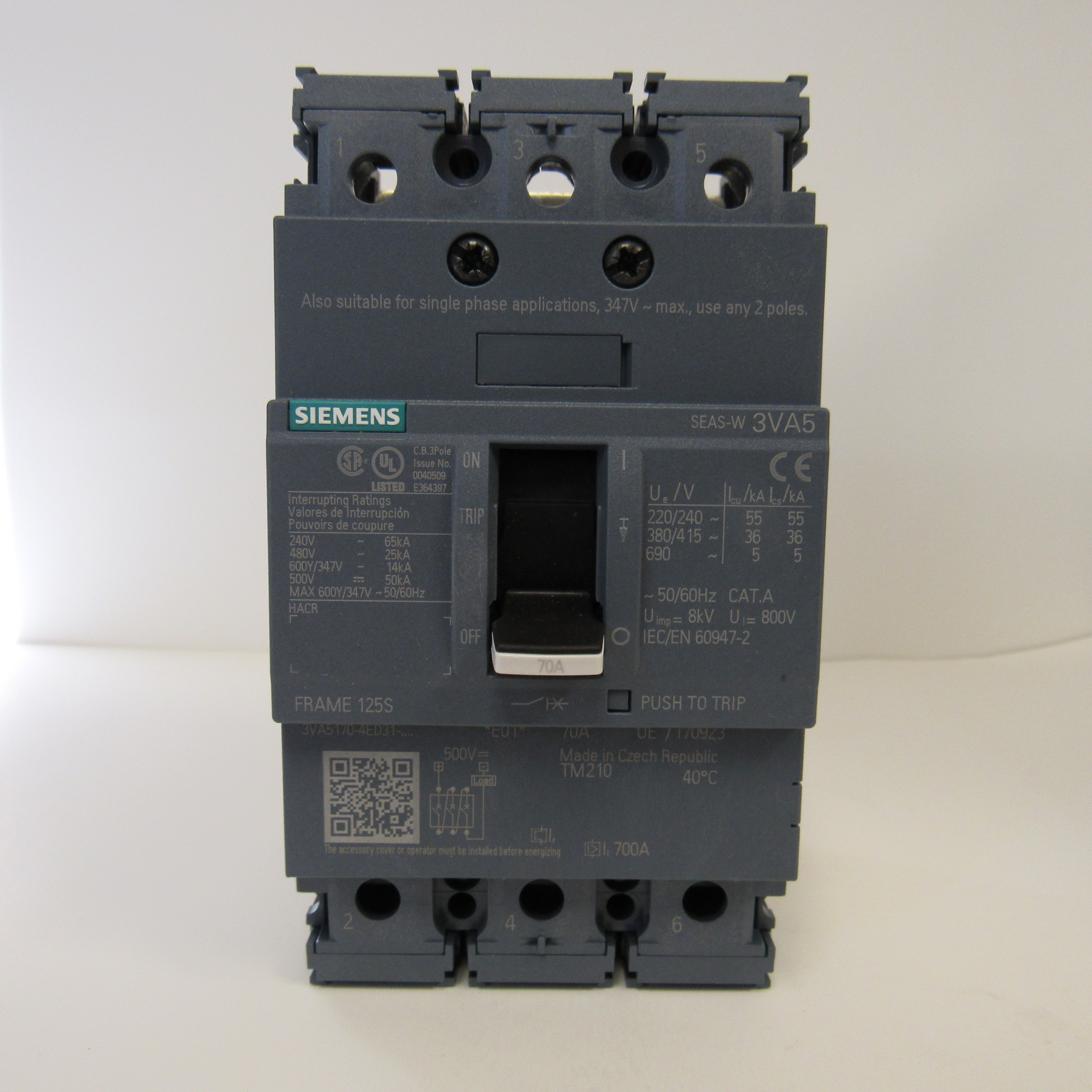 Siemens Molded Case Circuit Breaker, 3VA5180-4ED31-0AA0, 3 Pole, 480 V, 80 Amp