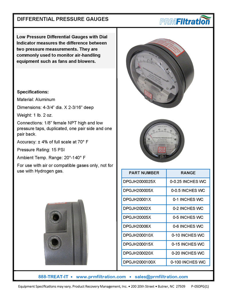 Differential Pressure Gauge, 0-2 Inches of Water