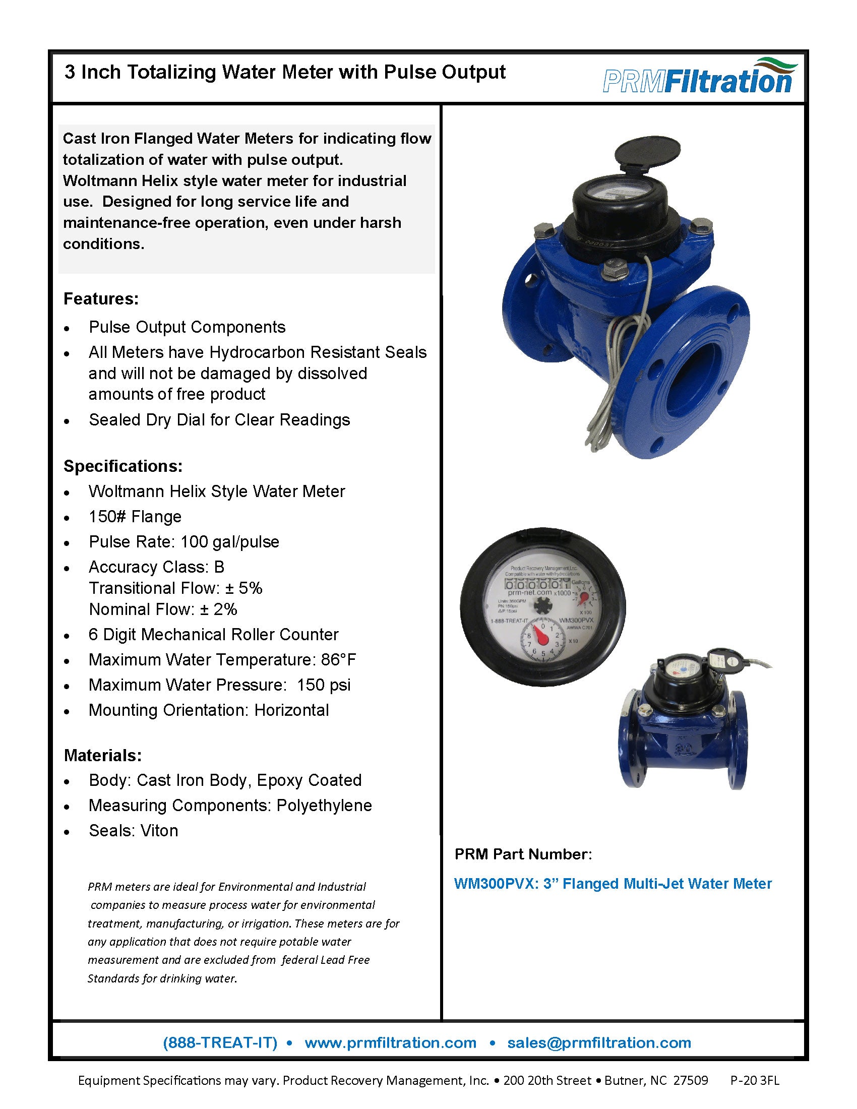 PRM Woltmann Helix Style 3 Inch Flanged Totalizing Water Meter with Pulse Output