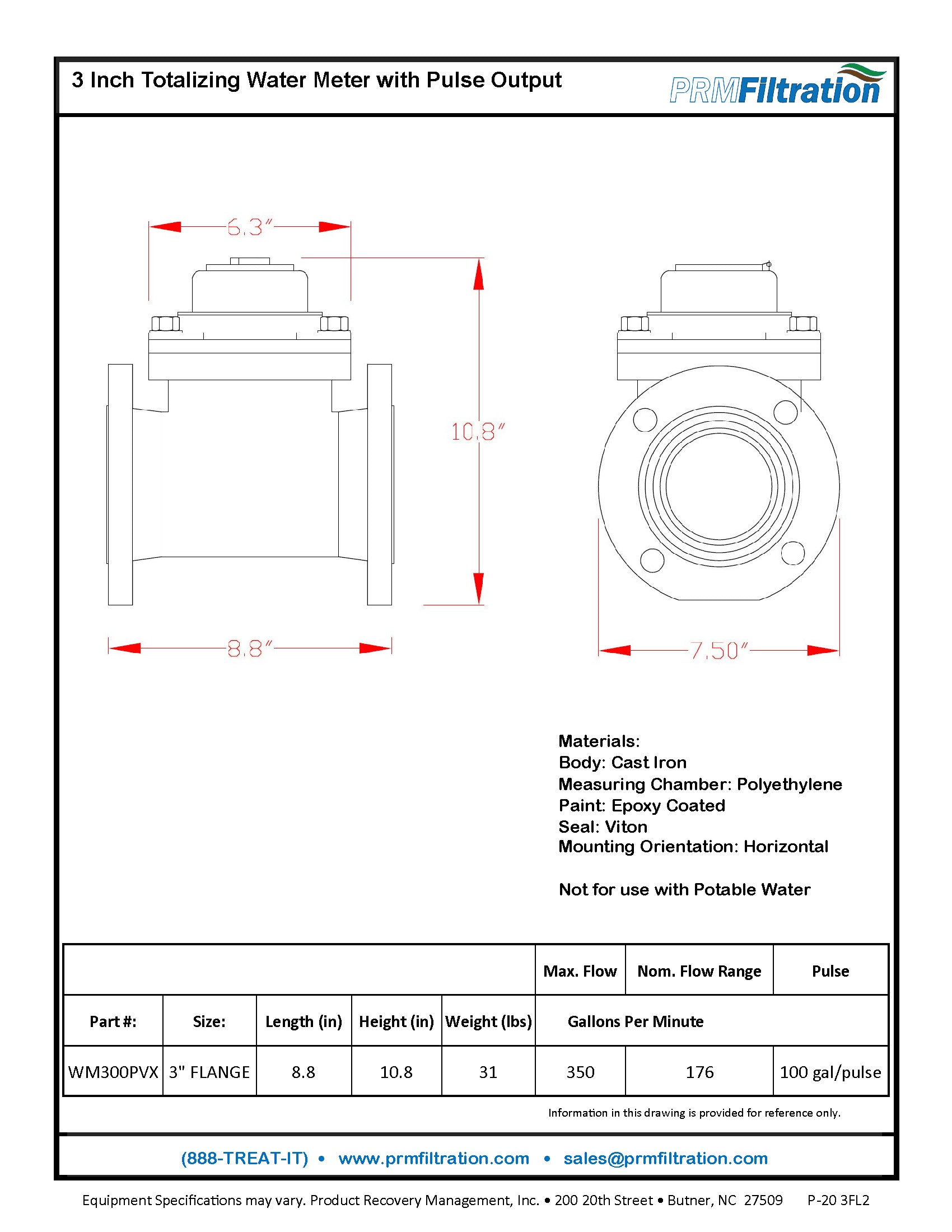 PRM Woltmann Helix Style 3 Inch Flanged Totalizing Water Meter with Pulse Output