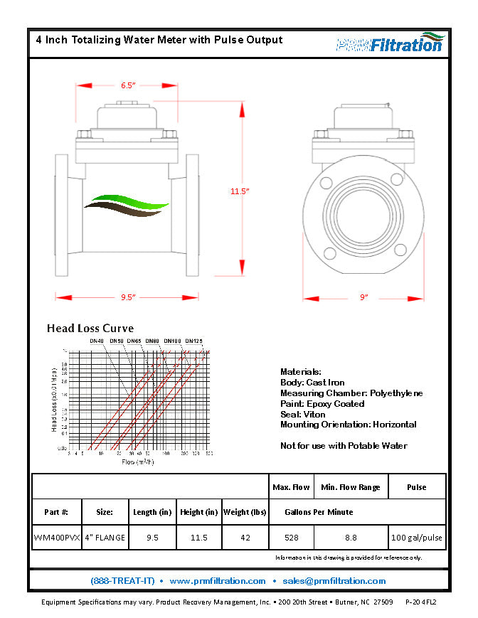 PRM Woltmann Helix Style 4 Inch Flanged Totalizing Water Meter with Pulse Output