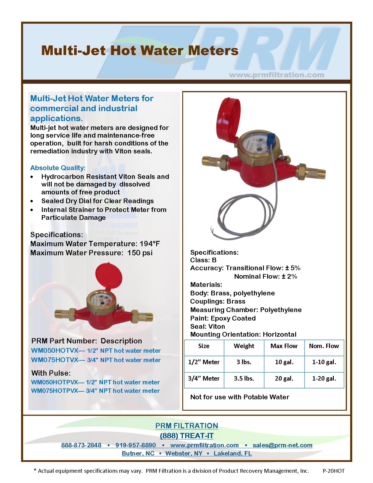 PRM 1/2 Inch Multi-Jet Brass Totalizing Hot Water Meter with Pulse Output