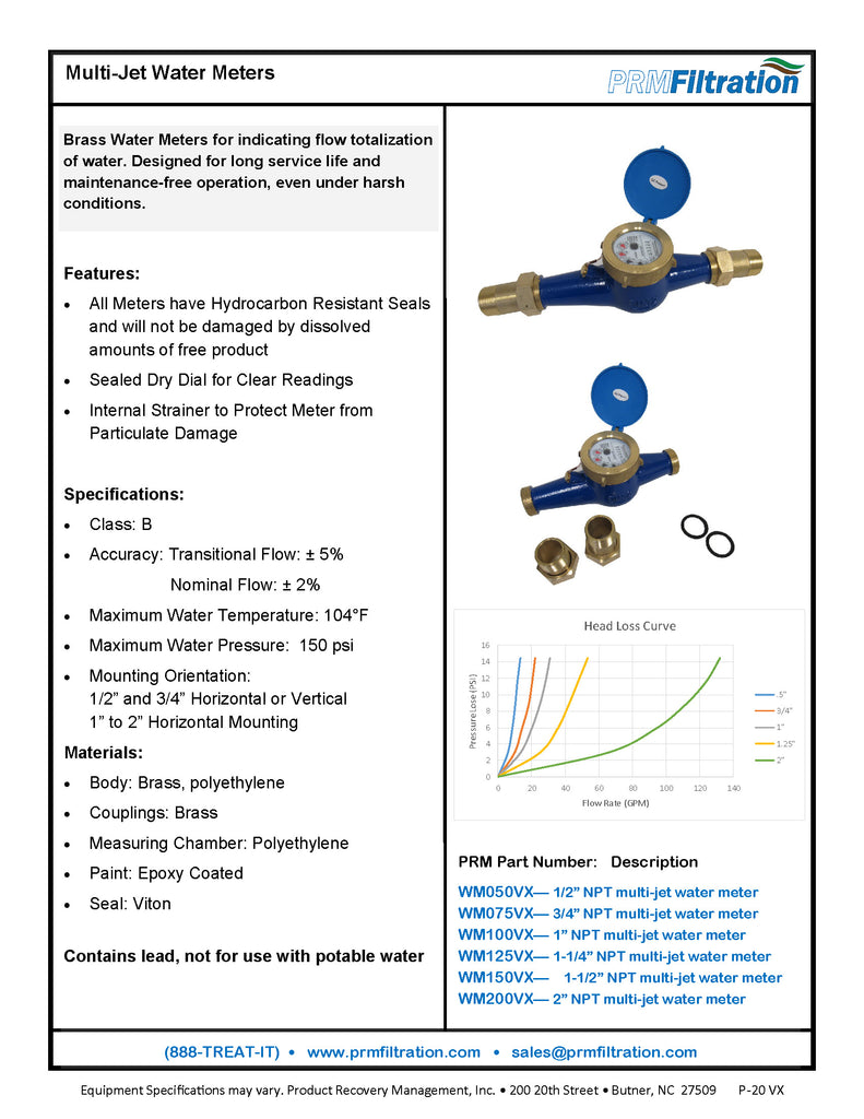 PRM 3/4 Inch Multi-Jet Brass Totalizing Water Meter