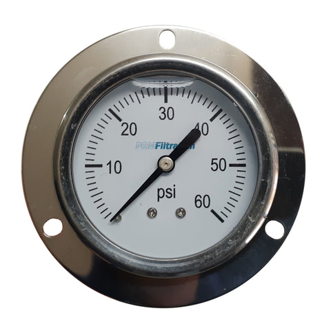 Premium 304 Stainless Steel Pressure Gauge with Brass Internals, 0-60 PSI, 2-1/2 Inch Dial, 1/4 inch NPT Back Mount with Front Flange, Calibration Certificate Option