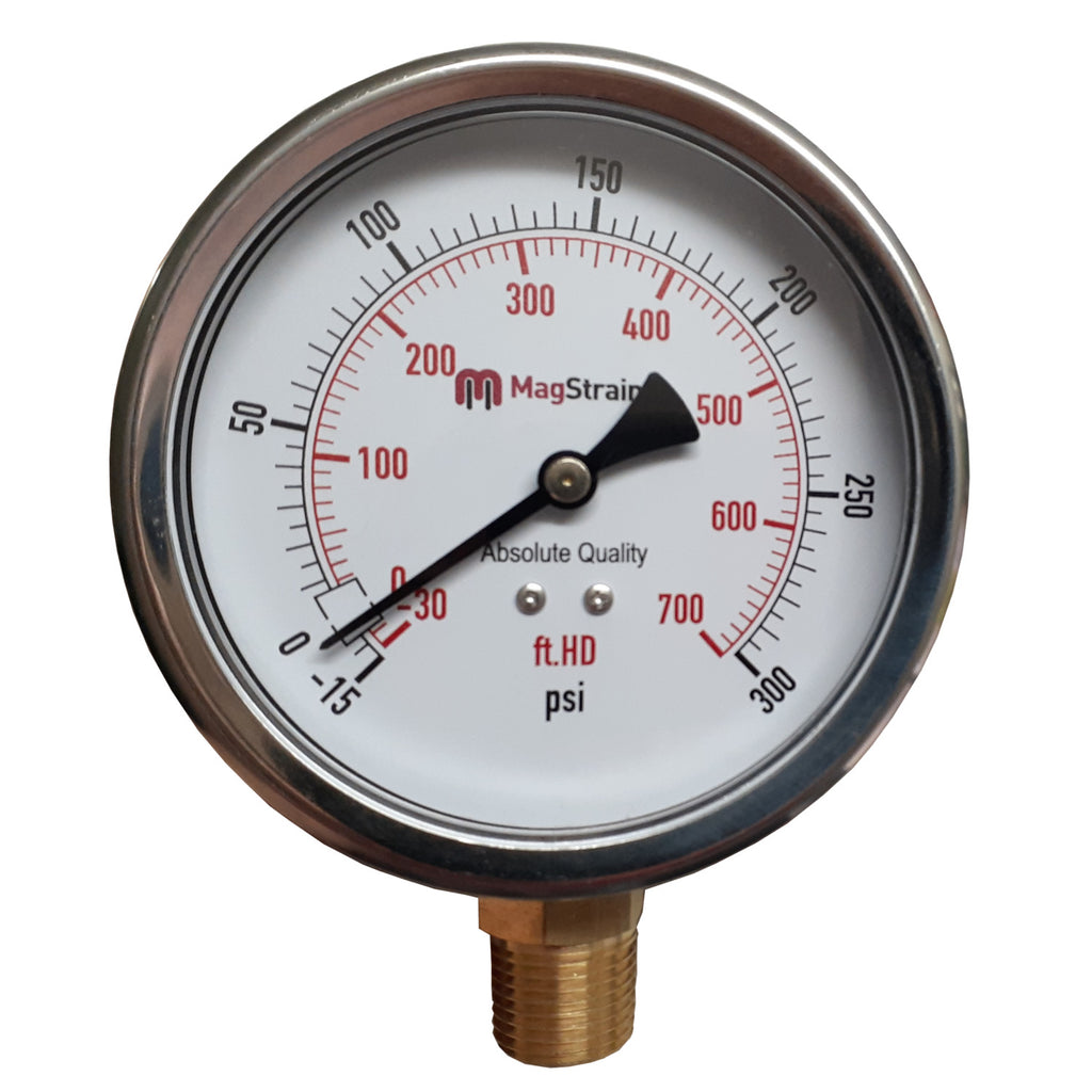 4 Inch Compound Gauge, -15 to 300 psi, -30 to 700 ft.HD, 304 Stainless Steel with Brass Internals