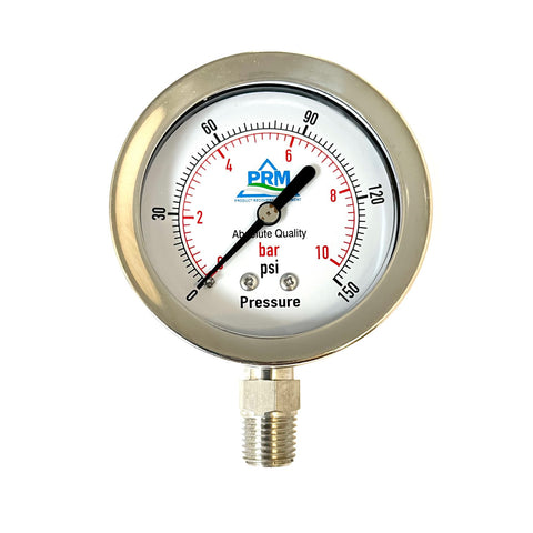 PRM 304 Stainless Steel Pressure Gauge with Stainless Steel Internals, 0-150 PSI, 2-1/2 Inch Dial, 1/4 Inch NPT Bottom Mount