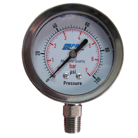 PRM 304 Stainless Steel Pressure Gauge with Stainless Steel Internals, 0-100 PSI, 2-1/2 Inch Dial, 1/4 Inch NPT Bottom Mount