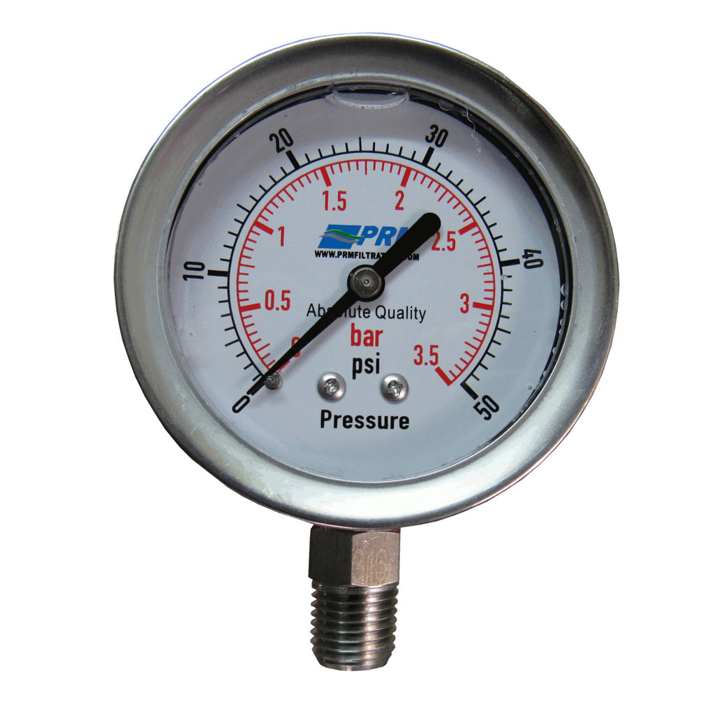PRM 304 Stainless Steel Pressure Gauge With Stainless Steel Internals, 0-50 PSI, 2-1/2 Inch Dial, 1/4 Inch NPT Bottom Mount