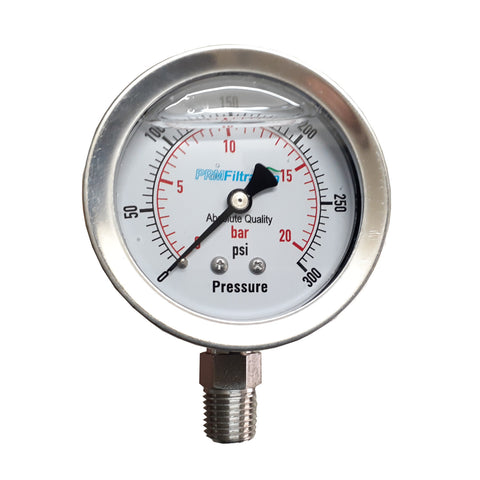 PRM 304 Stainless Steel Pressure Gauge with Stainless Steel Internals, 0-300 PSI, 2-1/2 Inch Dial, 1/4 Inch NPT Bottom Mount