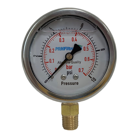 PRM 304 Stainless Steel Pressure Gauge with Brass Internals, 0-10 PSI, 2-1/2 Inch Dial, 1/4 Inch NPT Bottom Mount