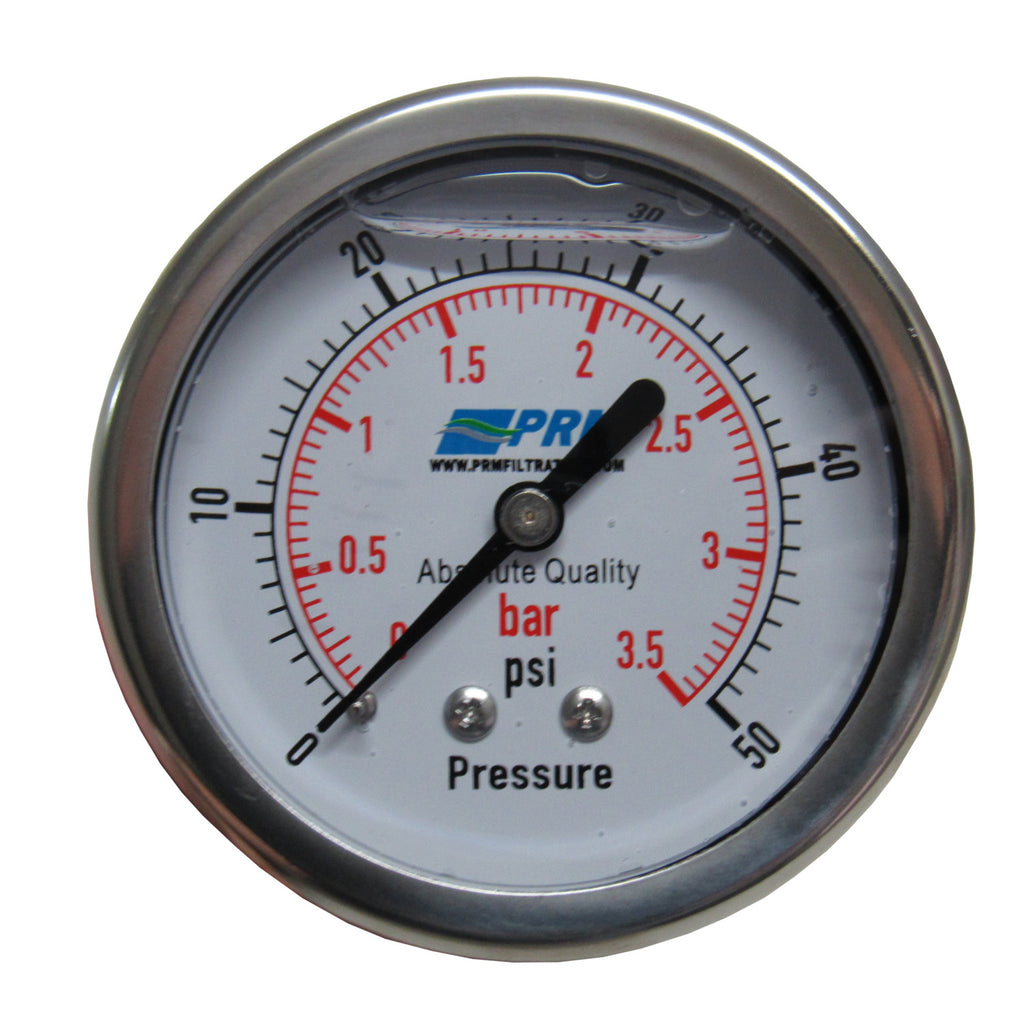 PRM 304 Stainless Steel Pressure Gauge with Brass Internals, 0-50 PSI, 2-1/2 Inch Dial, 1/4 inch NPT Back Mount