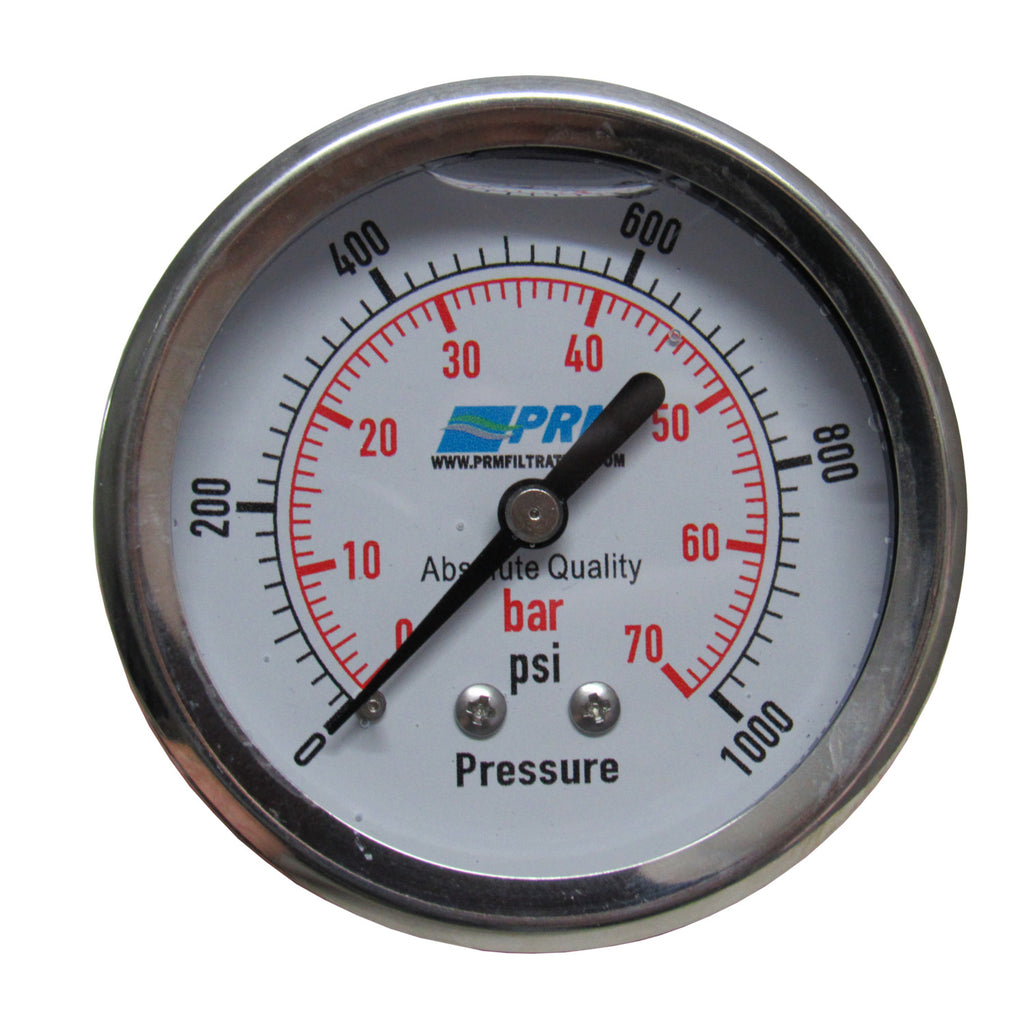 PRM 304 Stainless Steel Pressure Gauge with Brass Internals, 0-1000 PSI, 2-1/2 Inch Dial, 1/4 Inch NPT Back Mount