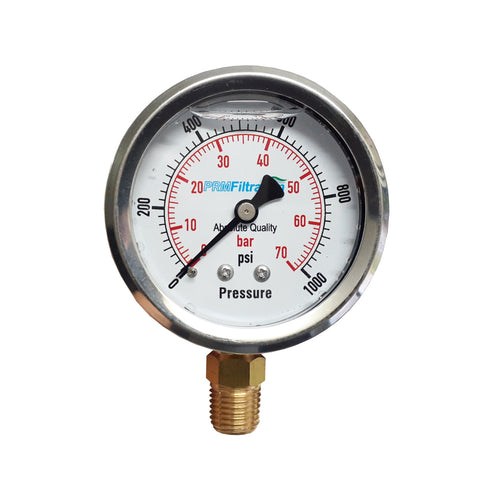 PRM 304 Stainless Steel Pressure Gauge with Brass Internals, 0-1000 PSI, 2-1/2 Inch Dial, 1/4 Inch NPT Bottom Mount